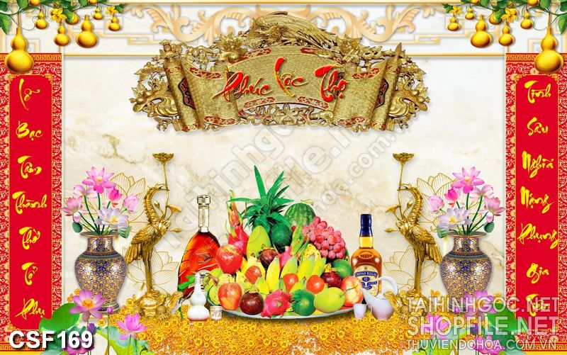 Tranh phòng thờ mâm ngũ quả đẹp