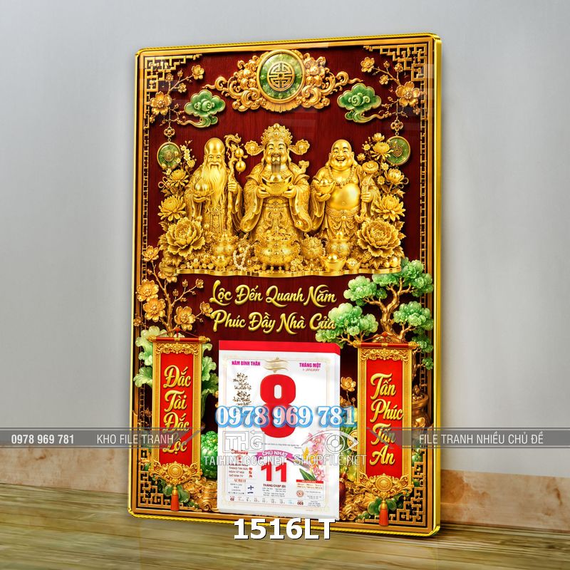 File lịch Tết tam đa phúc lộc thọ tráng gương treo tường 1516LT