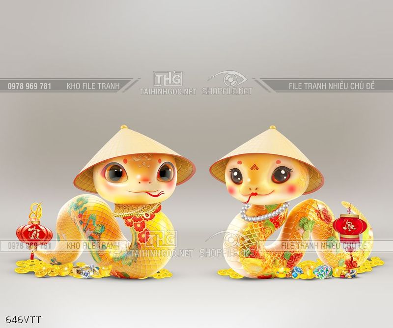 Tranh cặp rắn vàng chúc mừng năm mới 2025
