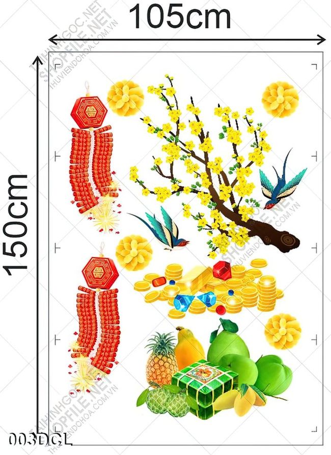 Decal cành mai vàng ngũ quả dán kính ngày tết