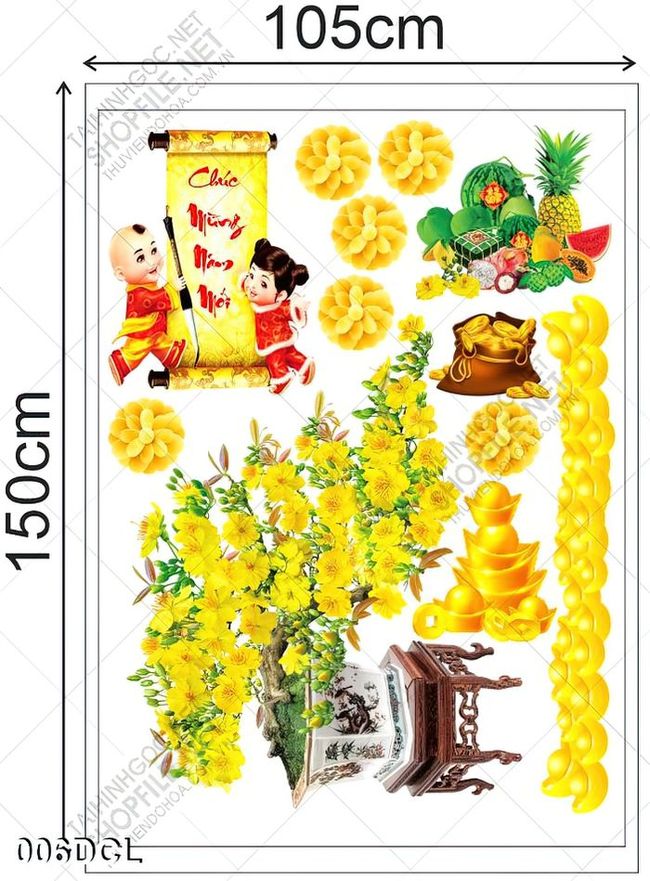 Decal chậu mai vàng dán kính trang trí tết