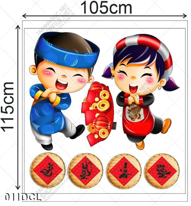 Decal hai em bé mặc áo dài dán kính ngày tết