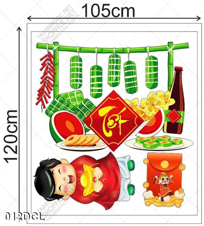 Decal bánh chưng xanh dưa hấu đỏ dán kính trang trí