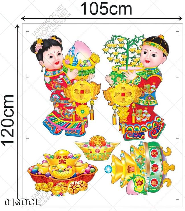 Decal hai em bé bưng vàng đón tài lộc