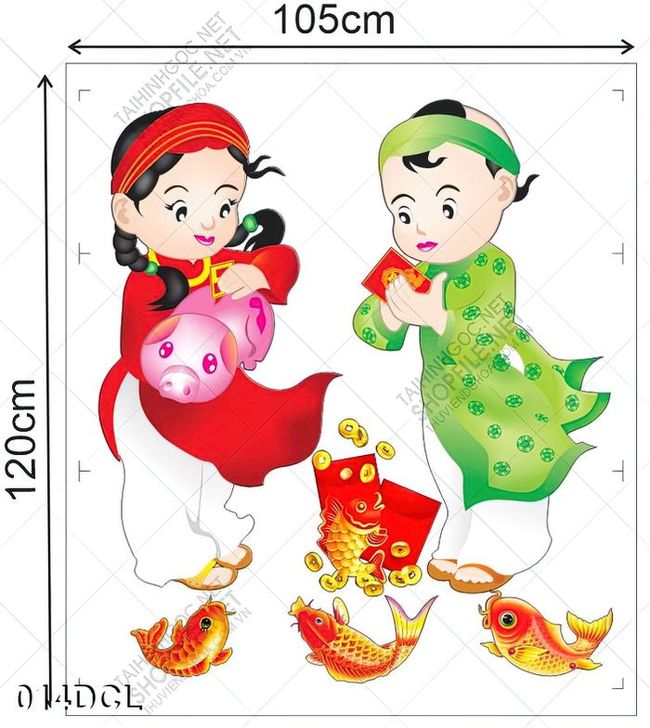Decal hai em bé mặc áo dài dán trang trí ngày tết