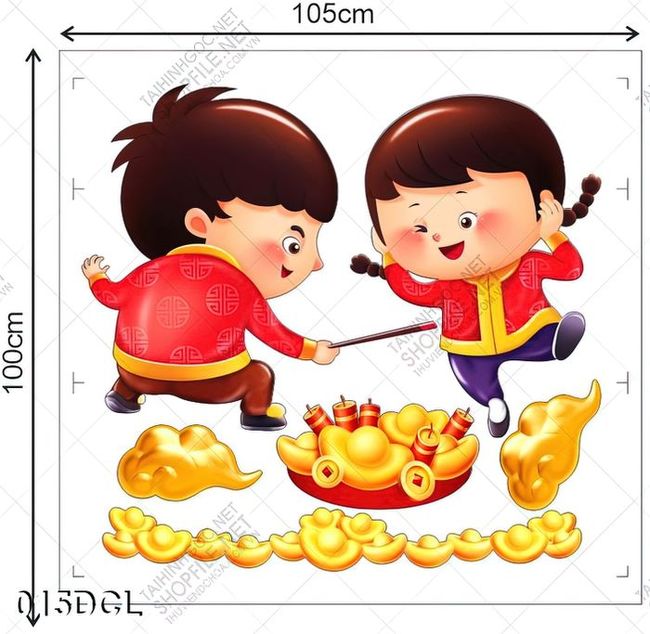 Decal tiền vàng và hai em bé mặc áo đỏ dán kính ngày tết