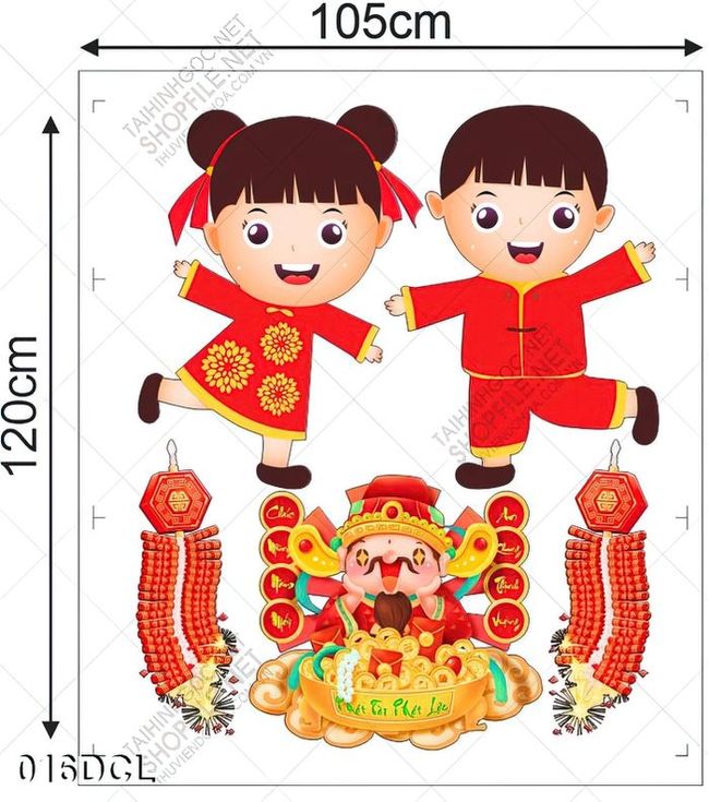 Decal thân tài và hai em bé mặc áo đỏ đón tết