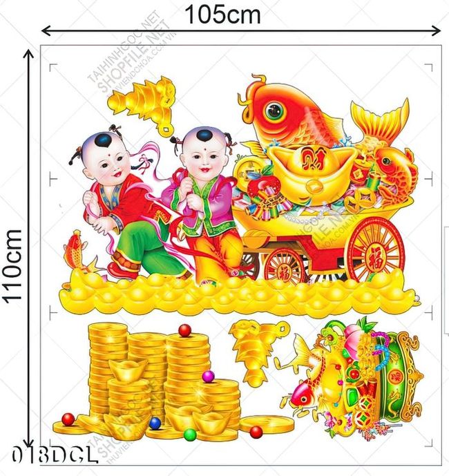 Decal cá chép vàng và hai em bé trang trí cửa kính ngày tết