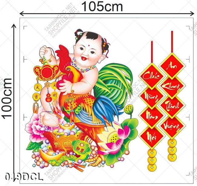 Decal em bé tài lộc và câu đối đỏ dán cửa kính