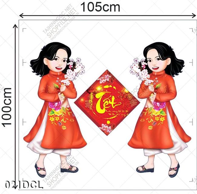 Decal cô gái mặc áo dài đỏ ngày tết