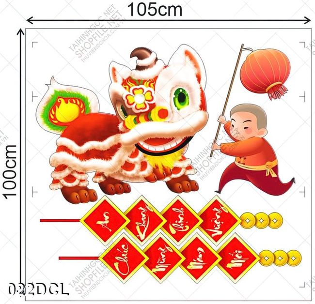 Decal em bé múa lân đón tết dán kính