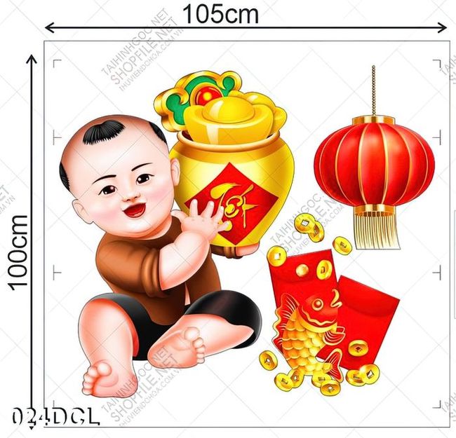 Decal em bé bưng hủ vàng dán cửa kính