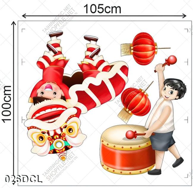 Decal em bé đánh trống múa lân dán cửa kính trang trí tết