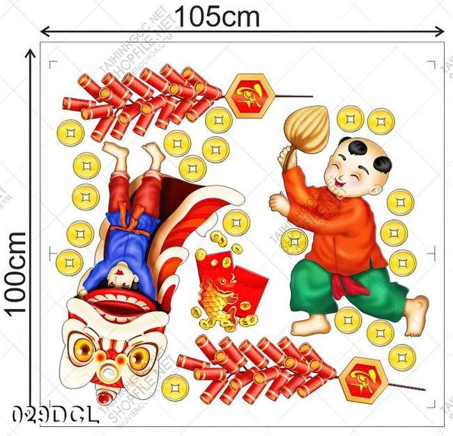 Decal em bé múa lân và chùm pháo đỏ dán cửa kính