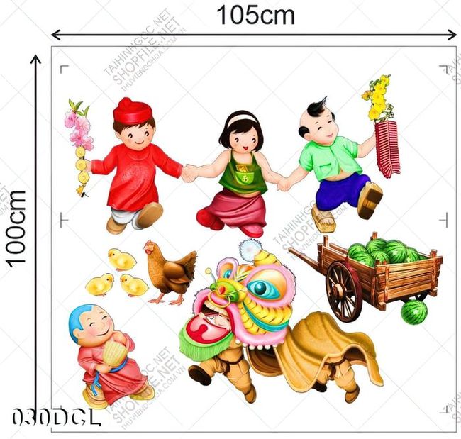 Decal bé vui đón tết dán trang trí tết