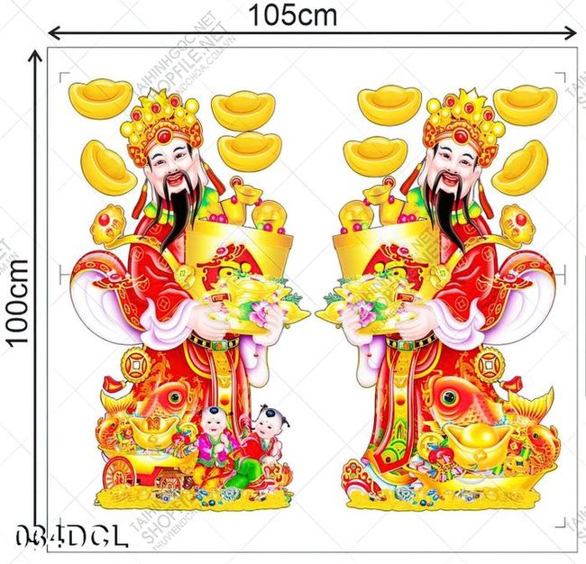 Tranh thần tài bưng chỉnh vàng dán cửa kính ngày tết