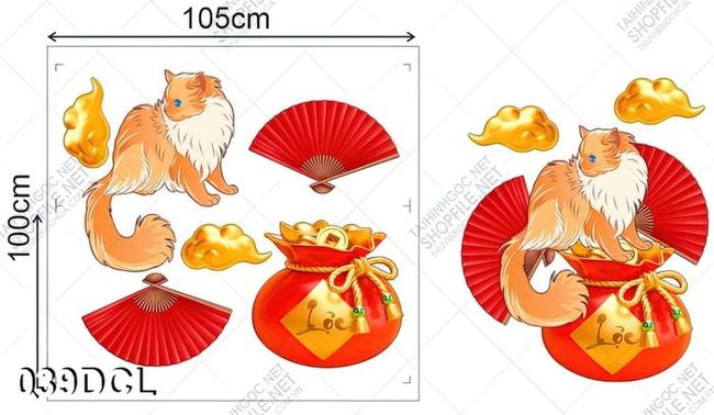 Decal mèo và túi vàng dán trang trí ngày tết