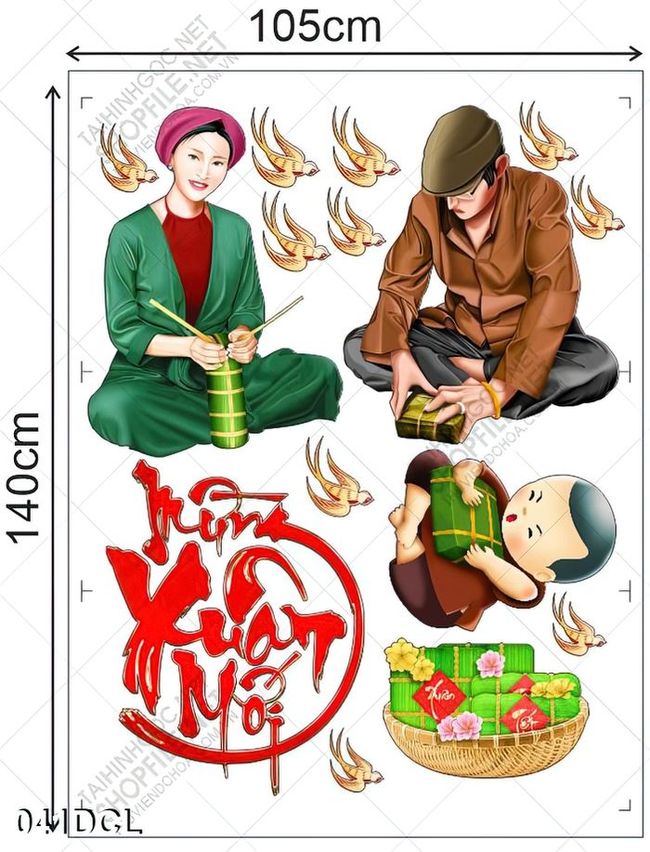 Decal gói bánh bưng mừng xuân mới dán kính ngày tết