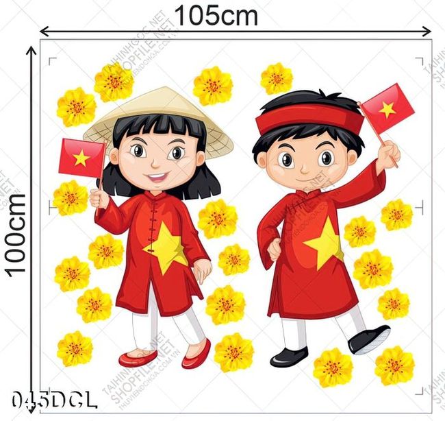 Decal hai em bé mặc áo dài và hoa mai vàng