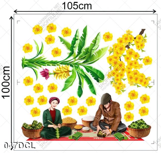 Decal gói bánh chưng ngày tết và hoa mai vàng dán cửa kinh