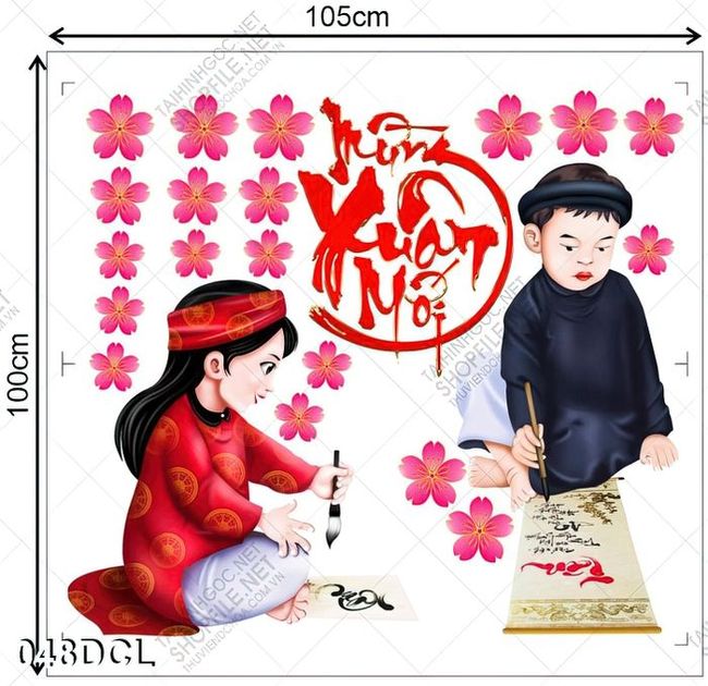 Decal tập làm ông đồ mừng xuân mới dán trang trí ngày tết