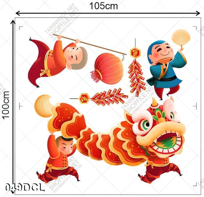 Decal bé vui múa lân đón tết