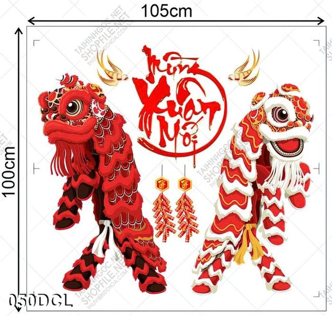 Decal cặp lân đỏ mừng xuân mới dán cửa kính