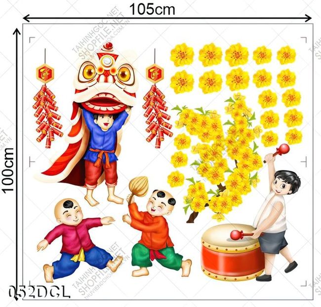 Decal hoa mai vàng và bé vui múa lân đón tết