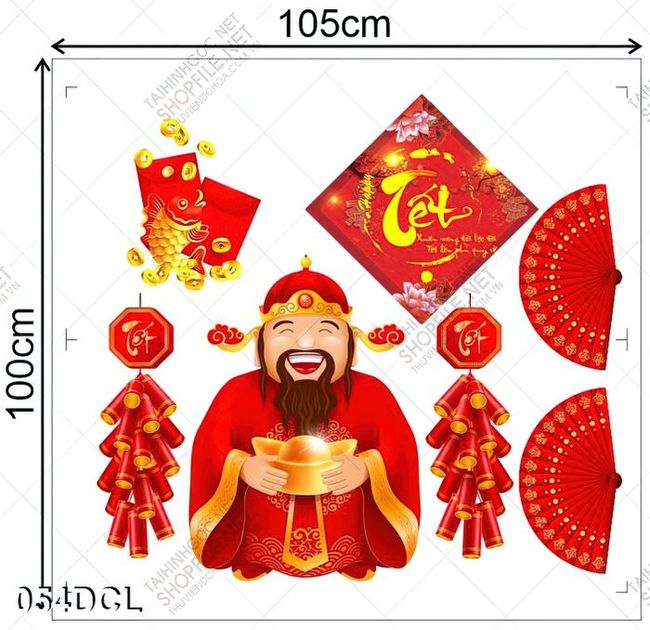 Decal thần tài đỏ dán cửa kính ngày tết