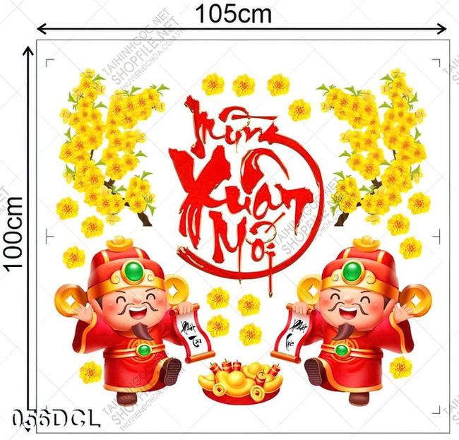 Decal hai ông thần tài mừng xuân mới dán cửa kính ngày tết