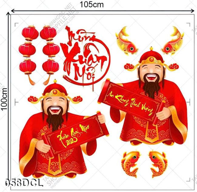 Decal thần tài cầm câu đối đỏ dán kính trang trí tết