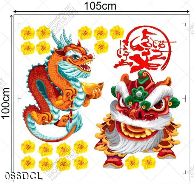 Decal lân và rồng dán kính trang trí tết