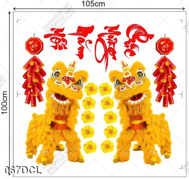 Decal cặp lân đỏ dán trang trí kính đón tết
