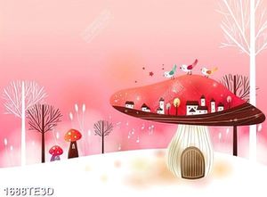 Tranh màu nước dán tường ngôi nhà nấm