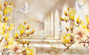 Tranh 3d dán tường cành mộc lan vàng bên đàn bồ câu