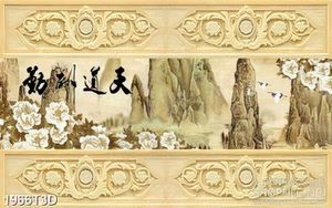 Tranh 3d dán tường sông nước hữu tình bên hoa mẫu đơn