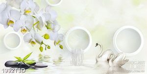 Tranh 3d treo tường nhành hoa lan trắng và đôi thiên nga