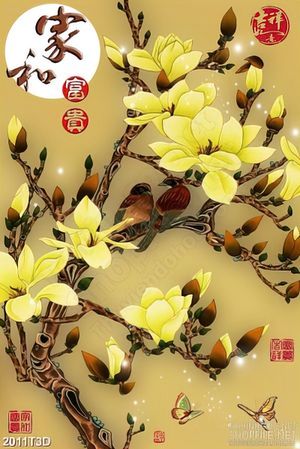 Tranh 3d  trang trí cành hoa vàng bên ánh trăng soi sáng