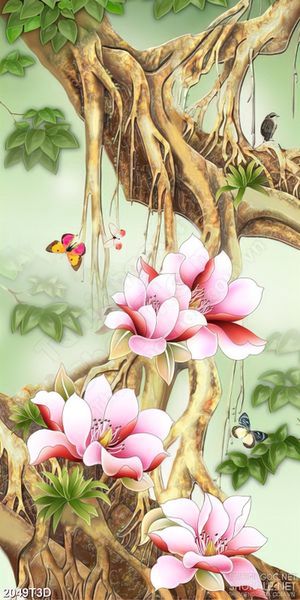 Tranh 3d treo tường cành mộc lan trắng bên thân cây