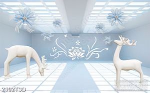 Tranh 3d dán tường bông hoa cúc xanh bên đàn huơu nhỏ
