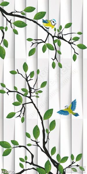 Tranh 3d dán tường những cành lá bên đàn chim non xanh