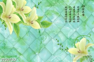 Tranh 3d  trang trí những bông hoa ly bên dòng chữ hán