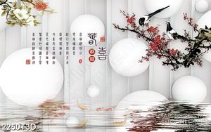 Tranh 3d treo tường cành đào trên mặt nước hồ cá chép