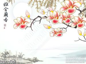 Tranh 3d nghệ thuật cành hoa đào trên sông bên ánh trăng