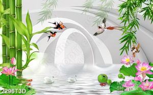 Tranh 3d treo tường hàng tre xanh trên hồ sen và đàn chim