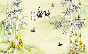 Tranh 3d nghệ thuật những bụi tre dáp vàng bên đàn bướm