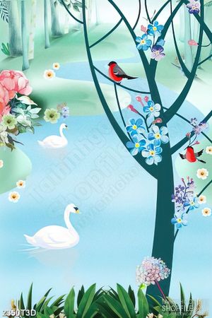 Tranh 3d dán tường đàn chim hót vang trên hồ thiên nga