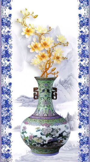 Tranh bình hoa trang trí cành hoa mộc lan trong bình gốm
