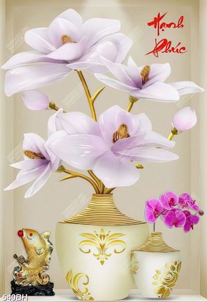 Tranh decor bình hoa mộc lan bên bình hoa phong lan tím