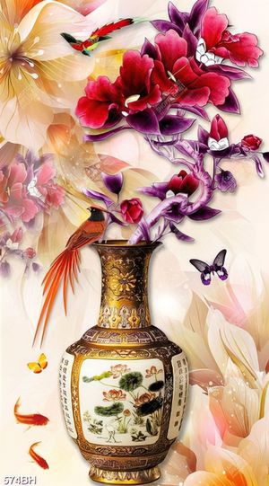 Tranh bình hoa dán tường chú chim ri đậu trên bình mẫu đơn